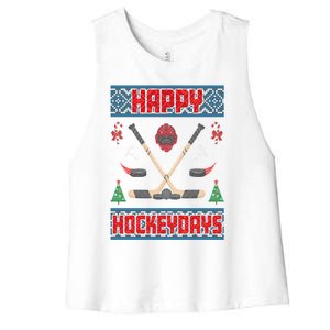 Happy Hockeydays Ugly Christmas Funny Hockey Xmas Great Gift Women's Racerback Cropped Tank