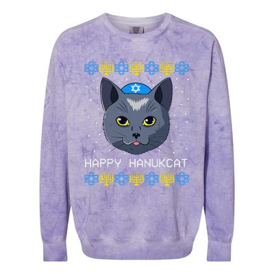 Happy Hanukcat Ugly Hanukkah Sweater Cat Chanukah Jewish Colorblast Crewneck Sweatshirt