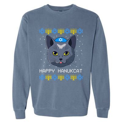 Happy Hanukcat Ugly Hanukkah Sweater Cat Chanukah Jewish Garment-Dyed Sweatshirt