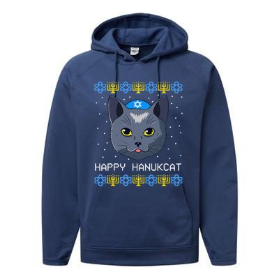 Happy Hanukcat Ugly Hanukkah Sweater Cat Chanukah Jewish Performance Fleece Hoodie