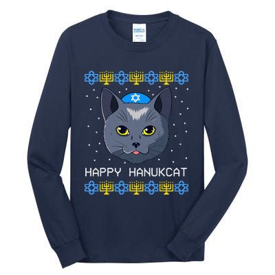 Happy Hanukcat Ugly Hanukkah Sweater Cat Chanukah Jewish Tall Long Sleeve T-Shirt