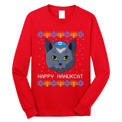 Happy Hanukcat Ugly Hanukkah Sweater Cat Chanukah Jewish Long Sleeve Shirt