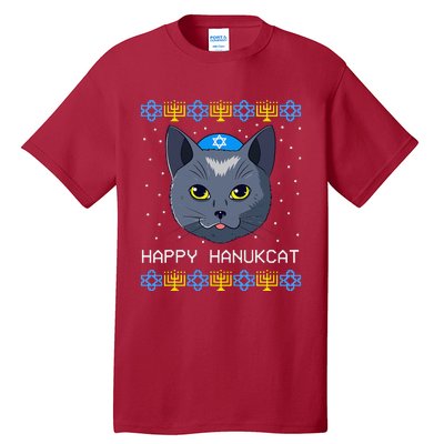 Happy Hanukcat Ugly Hanukkah Sweater Cat Chanukah Jewish Tall T-Shirt