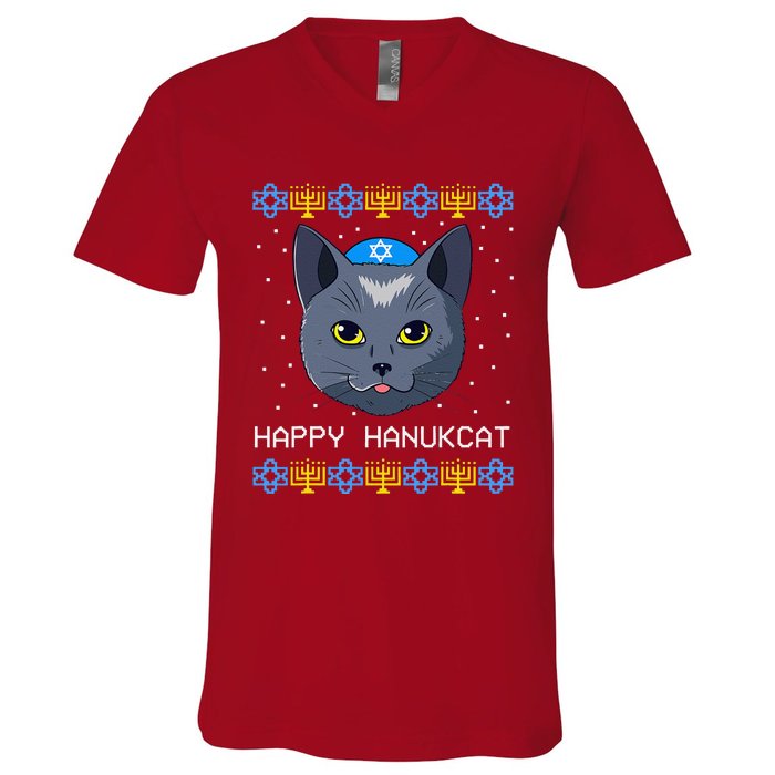 Happy Hanukcat Ugly Hanukkah Sweater Cat Chanukah Jewish V-Neck T-Shirt