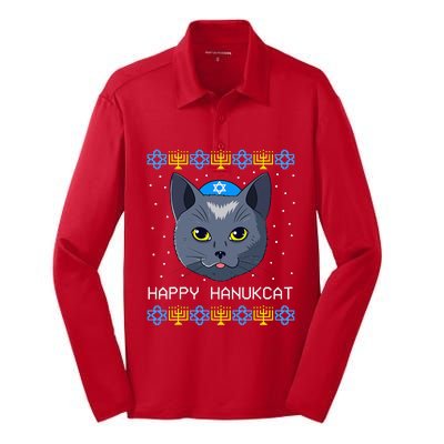 Happy Hanukcat Ugly Hanukkah Sweater Cat Chanukah Jewish Silk Touch Performance Long Sleeve Polo