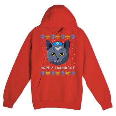 Happy Hanukcat Ugly Hanukkah Sweater Cat Chanukah Jewish Premium Pullover Hoodie