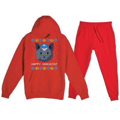 Happy Hanukcat Ugly Hanukkah Sweater Cat Chanukah Jewish Premium Hooded Sweatsuit Set