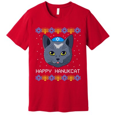 Happy Hanukcat Ugly Hanukkah Sweater Cat Chanukah Jewish Premium T-Shirt