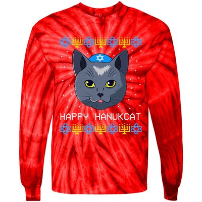 Happy Hanukcat Ugly Hanukkah Sweater Cat Chanukah Jewish Tie-Dye Long Sleeve Shirt