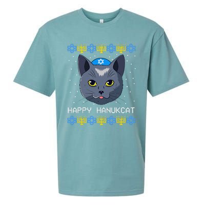 Happy Hanukcat Ugly Hanukkah Sweater Cat Chanukah Jewish Sueded Cloud Jersey T-Shirt