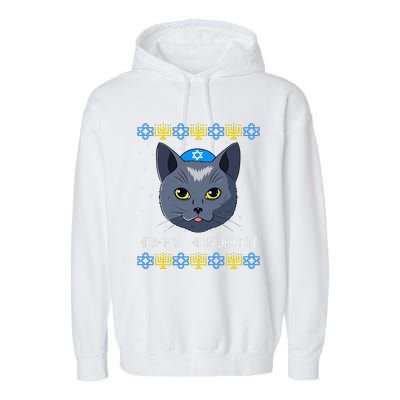 Happy Hanukcat Ugly Hanukkah Sweater Cat Chanukah Jewish Garment-Dyed Fleece Hoodie