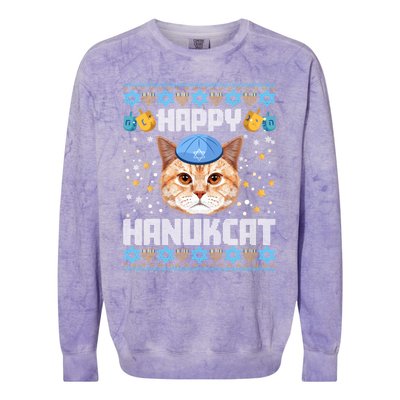 Happy Hanukcat Ugly Hanukkah Sweater Cat Chanukah Jewish Colorblast Crewneck Sweatshirt