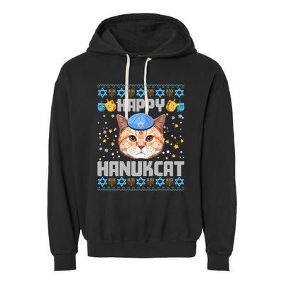 Happy Hanukcat Ugly Hanukkah Sweater Cat Chanukah Jewish Garment-Dyed Fleece Hoodie