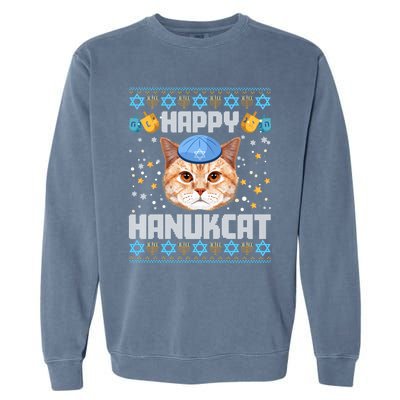 Happy Hanukcat Ugly Hanukkah Sweater Cat Chanukah Jewish Garment-Dyed Sweatshirt