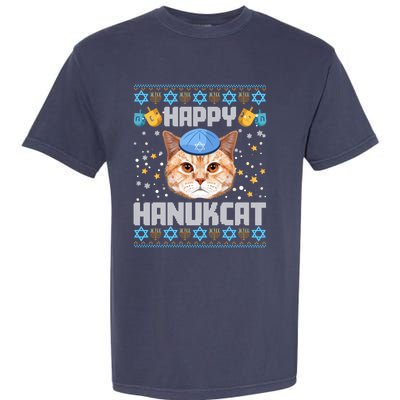 Happy Hanukcat Ugly Hanukkah Sweater Cat Chanukah Jewish Garment-Dyed Heavyweight T-Shirt