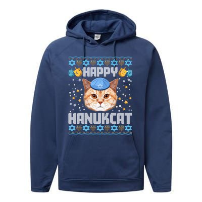 Happy Hanukcat Ugly Hanukkah Sweater Cat Chanukah Jewish Performance Fleece Hoodie