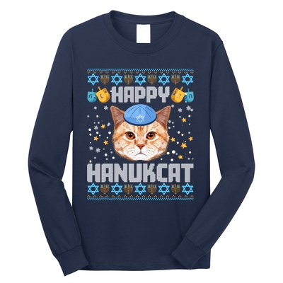 Happy Hanukcat Ugly Hanukkah Sweater Cat Chanukah Jewish Long Sleeve Shirt