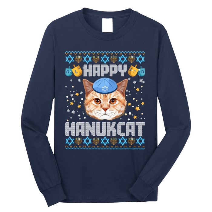 Happy Hanukcat Ugly Hanukkah Sweater Cat Chanukah Jewish Long Sleeve Shirt