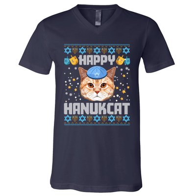 Happy Hanukcat Ugly Hanukkah Sweater Cat Chanukah Jewish V-Neck T-Shirt