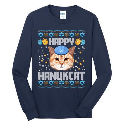 Happy Hanukcat Ugly Hanukkah Sweater Cat Chanukah Jewish Tall Long Sleeve T-Shirt