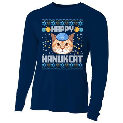 Happy Hanukcat Ugly Hanukkah Sweater Cat Chanukah Jewish Cooling Performance Long Sleeve Crew