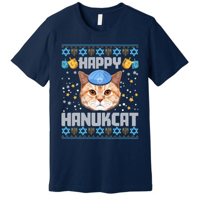 Happy Hanukcat Ugly Hanukkah Sweater Cat Chanukah Jewish Premium T-Shirt