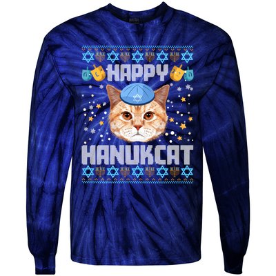 Happy Hanukcat Ugly Hanukkah Sweater Cat Chanukah Jewish Tie-Dye Long Sleeve Shirt