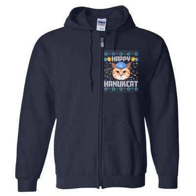 Happy Hanukcat Ugly Hanukkah Sweater Cat Chanukah Jewish Full Zip Hoodie