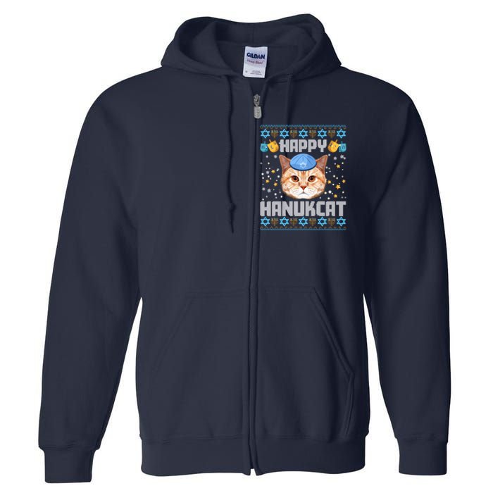 Happy Hanukcat Ugly Hanukkah Sweater Cat Chanukah Jewish Full Zip Hoodie