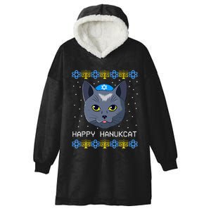 Happy Hanukcat Ugly Hanukkah Sweater Cat Chanukah Jewish  Hooded Wearable Blanket