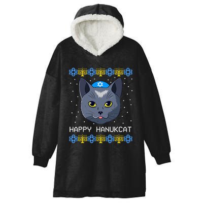 Happy Hanukcat Ugly Hanukkah Sweater Cat Chanukah Jewish  Hooded Wearable Blanket