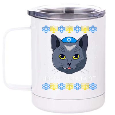 Happy Hanukcat Ugly Hanukkah Sweater Cat Chanukah Jewish  12 oz Stainless Steel Tumbler Cup