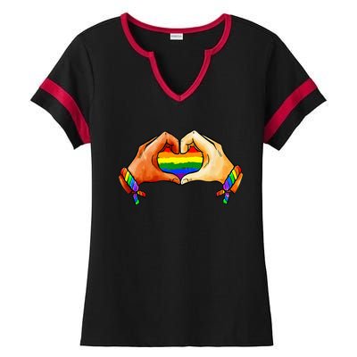 Hand Heart Unity Pride LGBTQ Rainbow Flag LGBT Pride Ally Ladies Halftime Notch Neck Tee