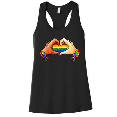 Hand Heart Unity Pride LGBTQ Rainbow Flag LGBT Pride Ally Women's Racerback Tank