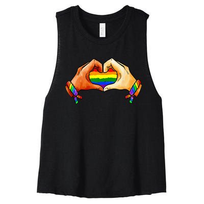 Hand Heart Unity Pride LGBTQ Rainbow Flag LGBT Pride Ally Women's Racerback Cropped Tank