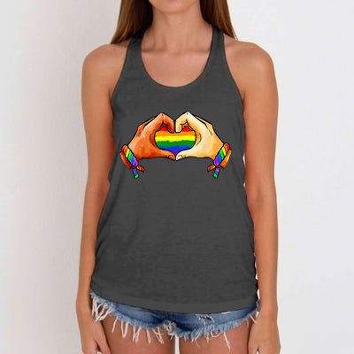 Hand Heart Unity Pride LGBTQ Rainbow Flag LGBT Pride Ally Women's Knotted Racerback Tank