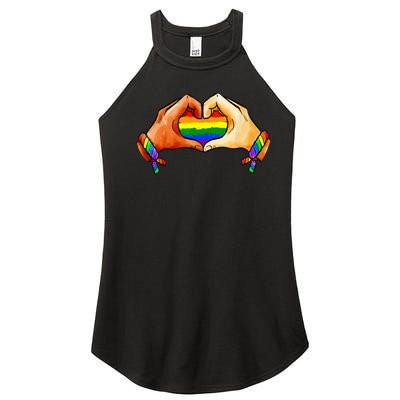 Hand Heart Unity Pride LGBTQ Rainbow Flag LGBT Pride Ally Women's Perfect Tri Rocker Tank