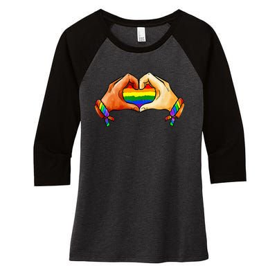 Hand Heart Unity Pride LGBTQ Rainbow Flag LGBT Pride Ally Women's Tri-Blend 3/4-Sleeve Raglan Shirt