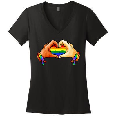 Hand Heart Unity Pride LGBTQ Rainbow Flag LGBT Pride Ally Women's V-Neck T-Shirt