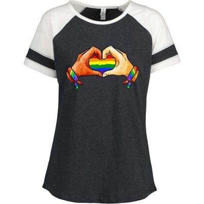 Hand Heart Unity Pride LGBTQ Rainbow Flag LGBT Pride Ally Enza Ladies Jersey Colorblock Tee