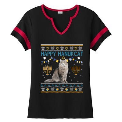 Happy Hanukcat Ugly Hanukkah Sweater Cat Chanukah Jewish Ladies Halftime Notch Neck Tee