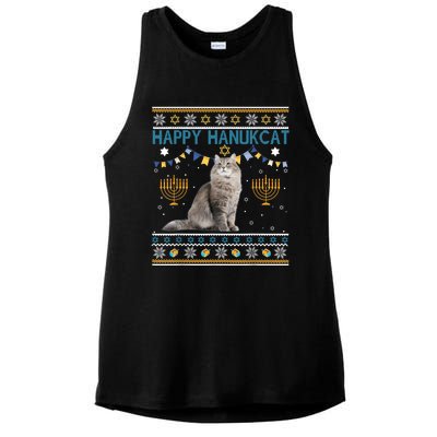 Happy Hanukcat Ugly Hanukkah Sweater Cat Chanukah Jewish Ladies PosiCharge Tri-Blend Wicking Tank