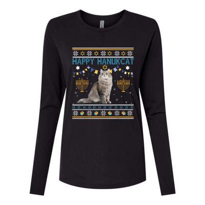 Happy Hanukcat Ugly Hanukkah Sweater Cat Chanukah Jewish Womens Cotton Relaxed Long Sleeve T-Shirt