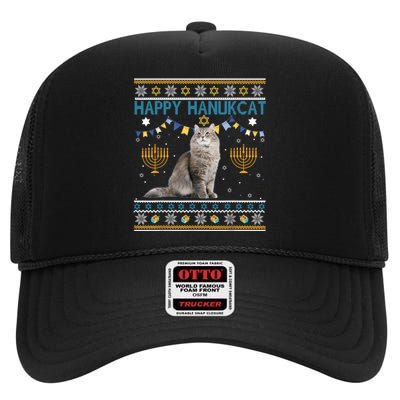 Happy Hanukcat Ugly Hanukkah Sweater Cat Chanukah Jewish High Crown Mesh Back Trucker Hat