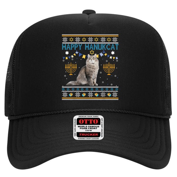 Happy Hanukcat Ugly Hanukkah Sweater Cat Chanukah Jewish High Crown Mesh Back Trucker Hat