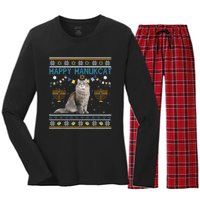 Happy Hanukcat Ugly Hanukkah Sweater Cat Chanukah Jewish Women's Long Sleeve Flannel Pajama Set 