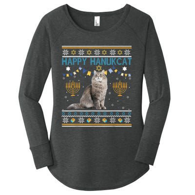 Happy Hanukcat Ugly Hanukkah Sweater Cat Chanukah Jewish Women's Perfect Tri Tunic Long Sleeve Shirt