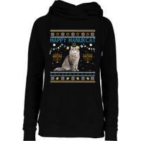 Happy Hanukcat Ugly Hanukkah Sweater Cat Chanukah Jewish Womens Funnel Neck Pullover Hood