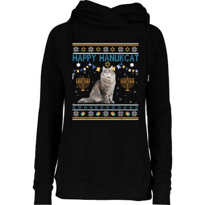 Happy Hanukcat Ugly Hanukkah Sweater Cat Chanukah Jewish Womens Funnel Neck Pullover Hood