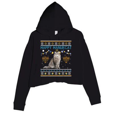 Happy Hanukcat Ugly Hanukkah Sweater Cat Chanukah Jewish Crop Fleece Hoodie